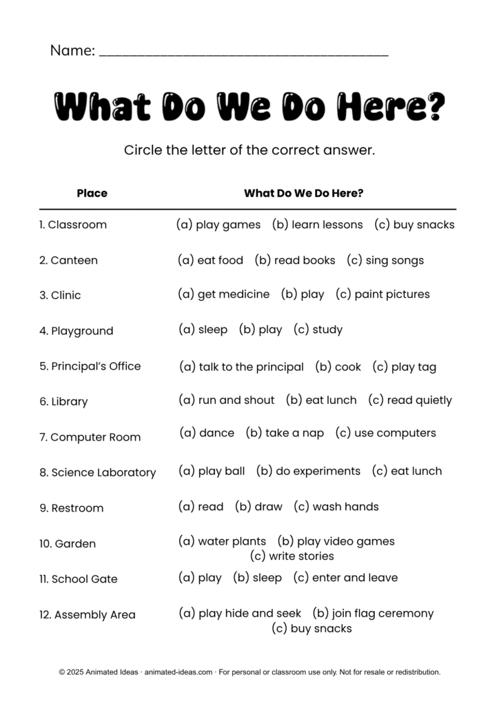 Places in School Worksheets multiple-choice lesson sheet