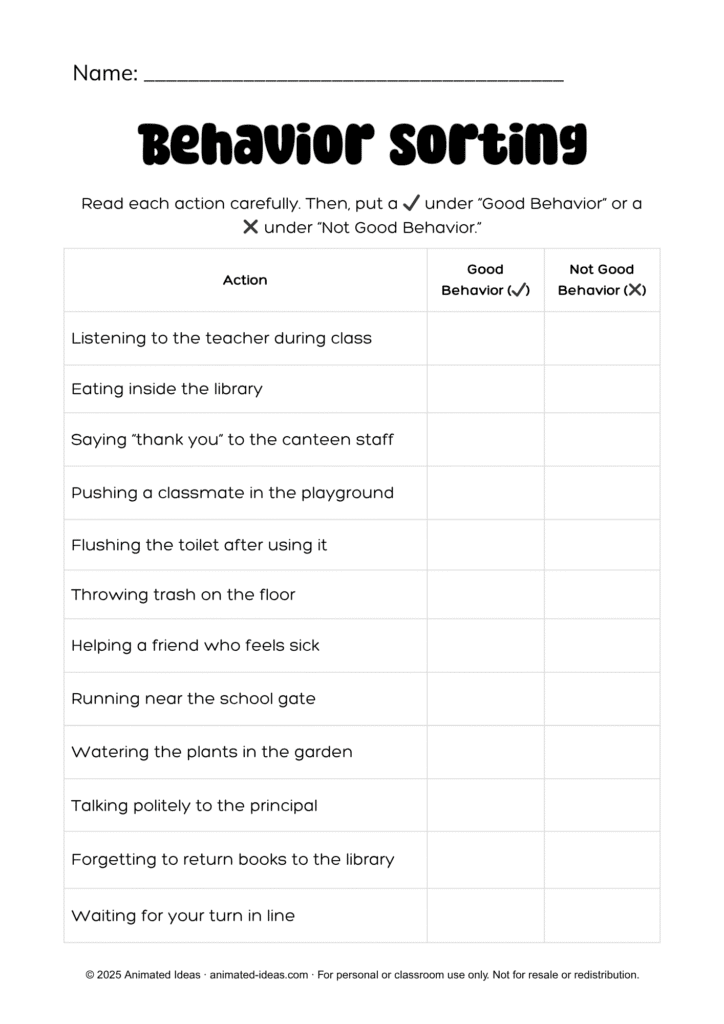 Places in School Places in School Worksheets good and bad behavior activity