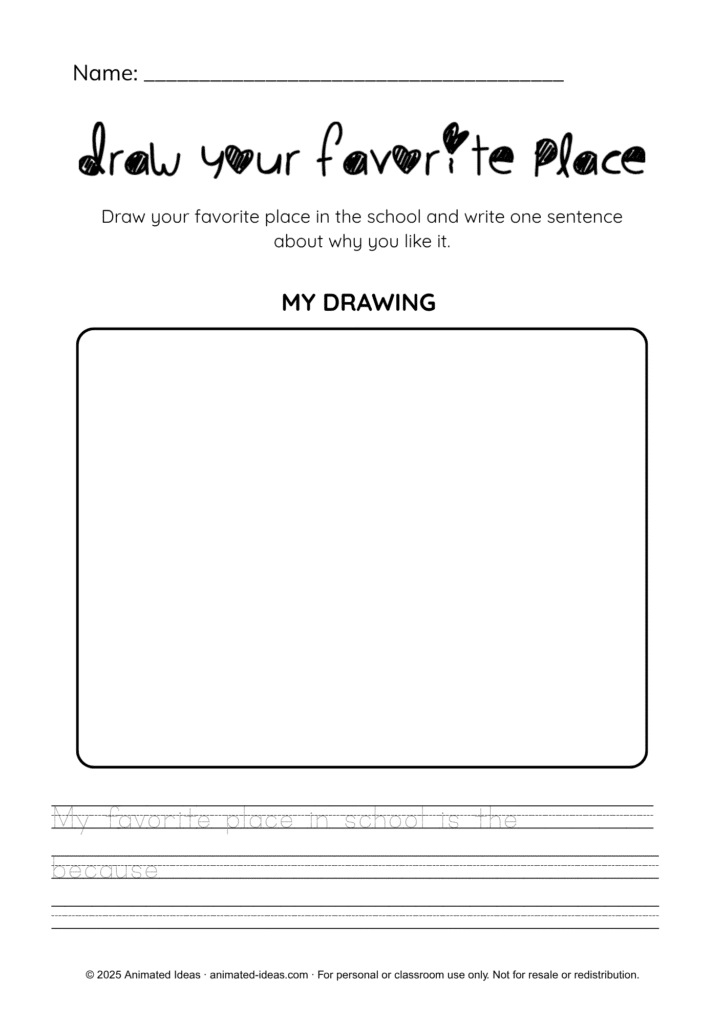 Places in School Worksheets drawing activity for Kindergarten