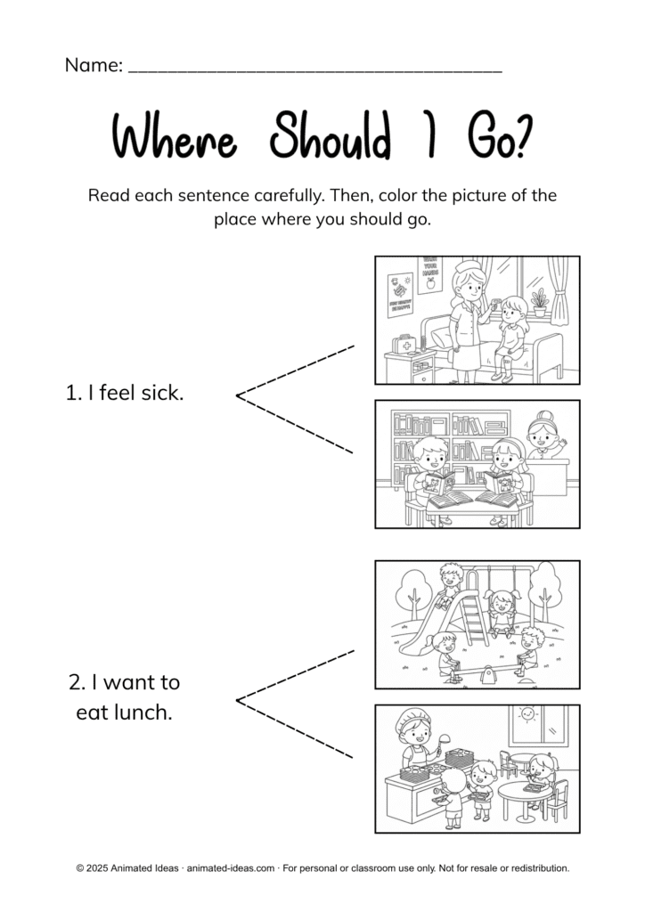 Places in School Worksheets printable activity pack for Kindergarten