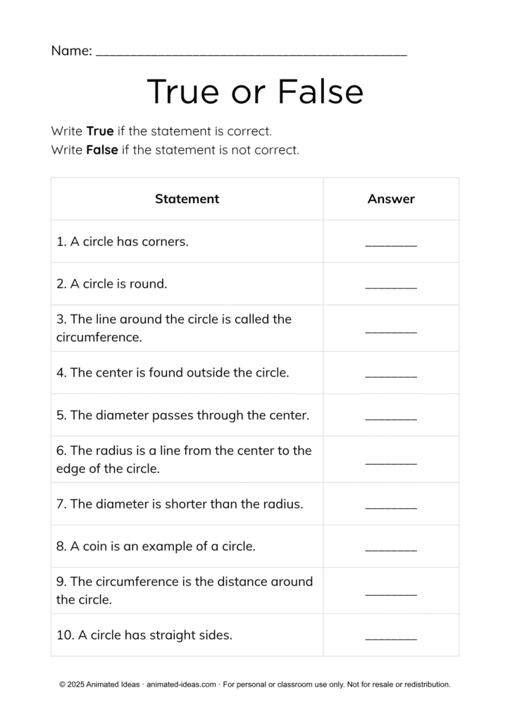 Circle Worksheets for Grade 2 – True or False worksheet testing knowledge about circle parts and properties.