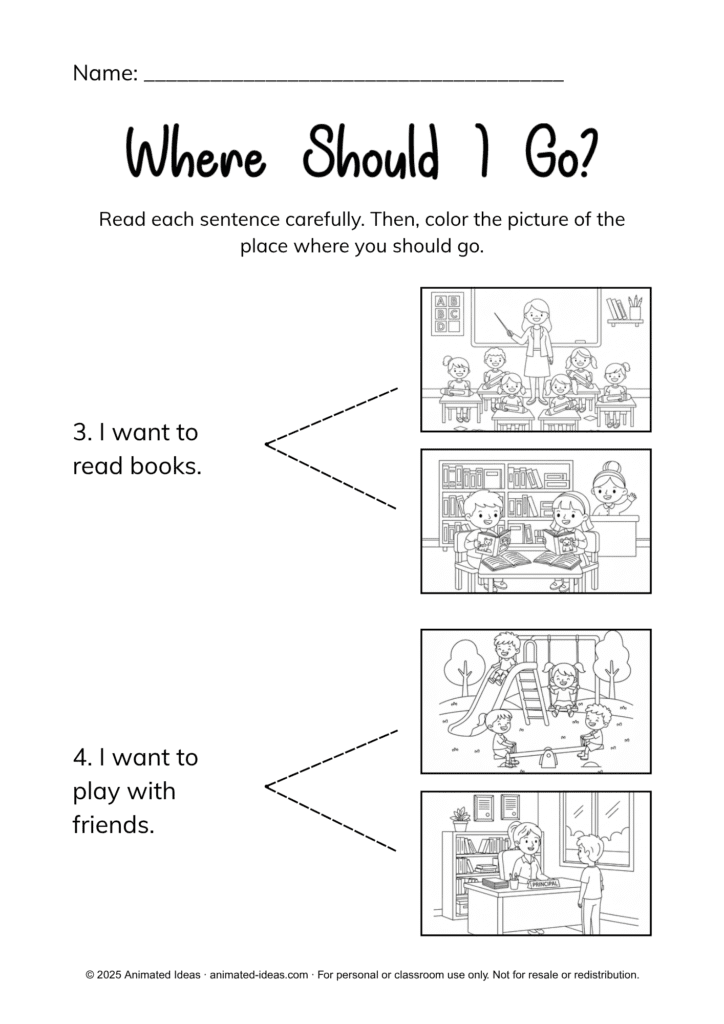 Places in School Worksheets printable activity pack for Kindergarten