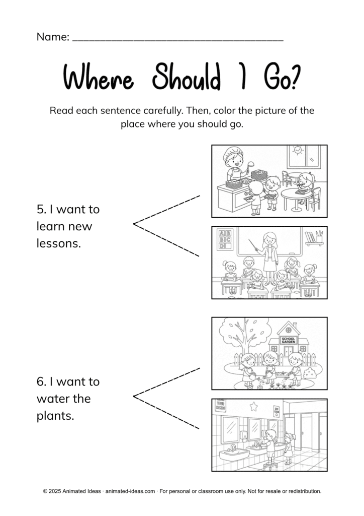 Places in School Worksheets printable activity pack for Kindergarten