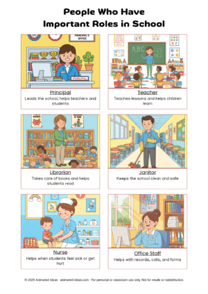 Colored printable handout – People Who Have Important Roles in School, kindergarten lesson notes with illustrations of school helpers.
