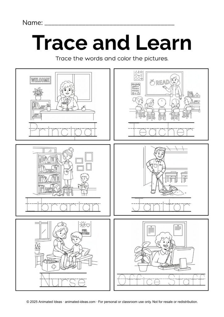 People Who Have Important Roles in School Worksheets, trace and learn activity with names of school helpers.