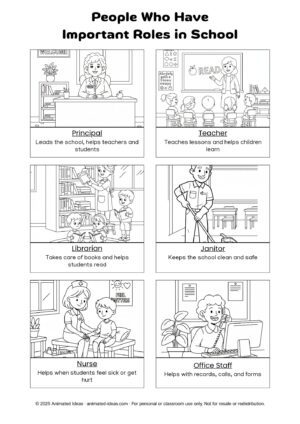 Black and white printable handout – People Who Have Important Roles in School, kindergarten lesson notes for coloring or printing.