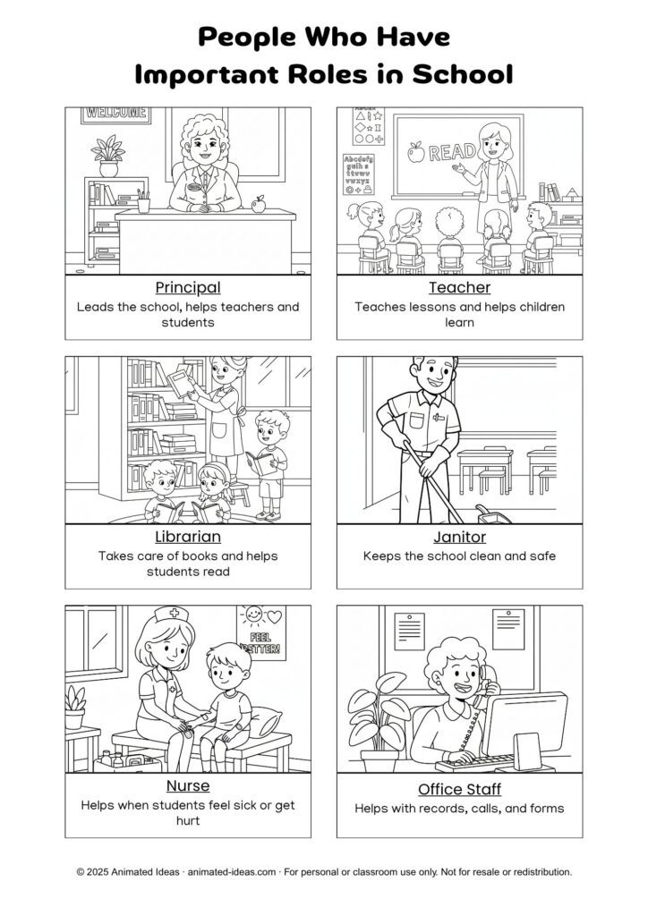 Black and white printable handout – People Who Have Important Roles in School, kindergarten lesson notes for coloring or printing.