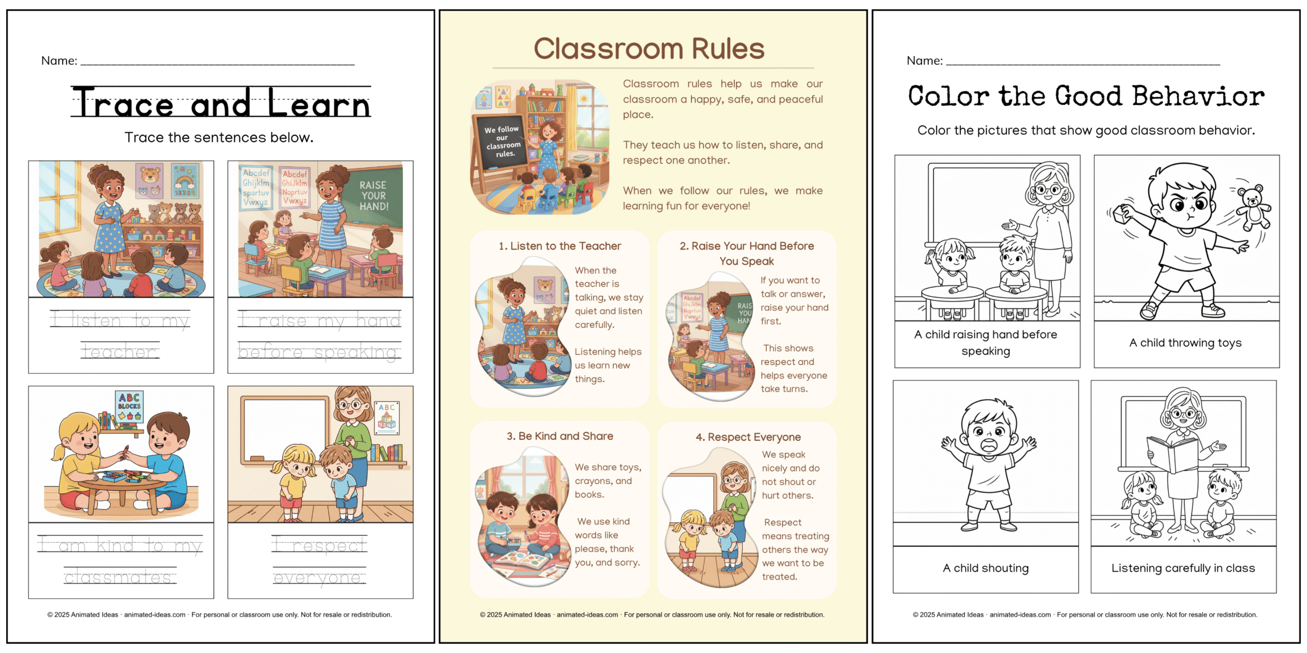Preschool classroom rules illustration showing young children learning to listen, share, clean up, and respect others in class.