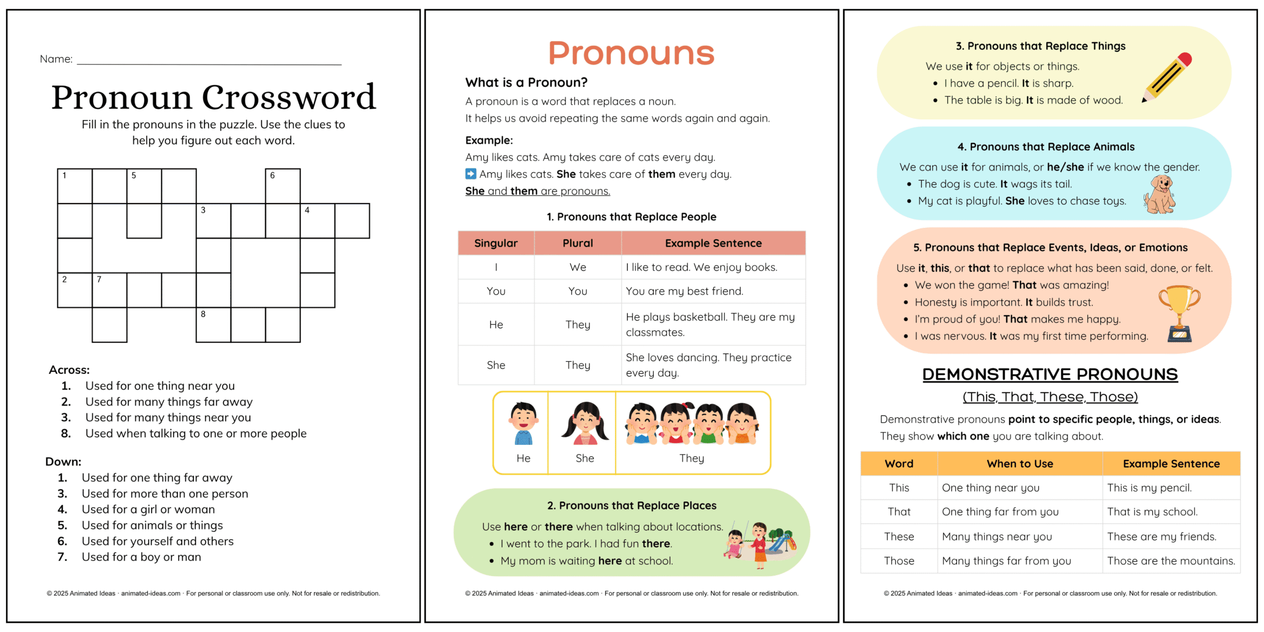 Learn about pronouns—words that replace nouns like persons, places, things, animals, events, ideas, and emotions. Includes demonstrative pronouns: this, that, these, and those. Perfect for Grade 3 learners!