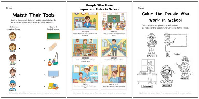 Colored illustration of school helpers and their roles — principal, teacher, librarian, nurse, janitor, and guard working together in school.