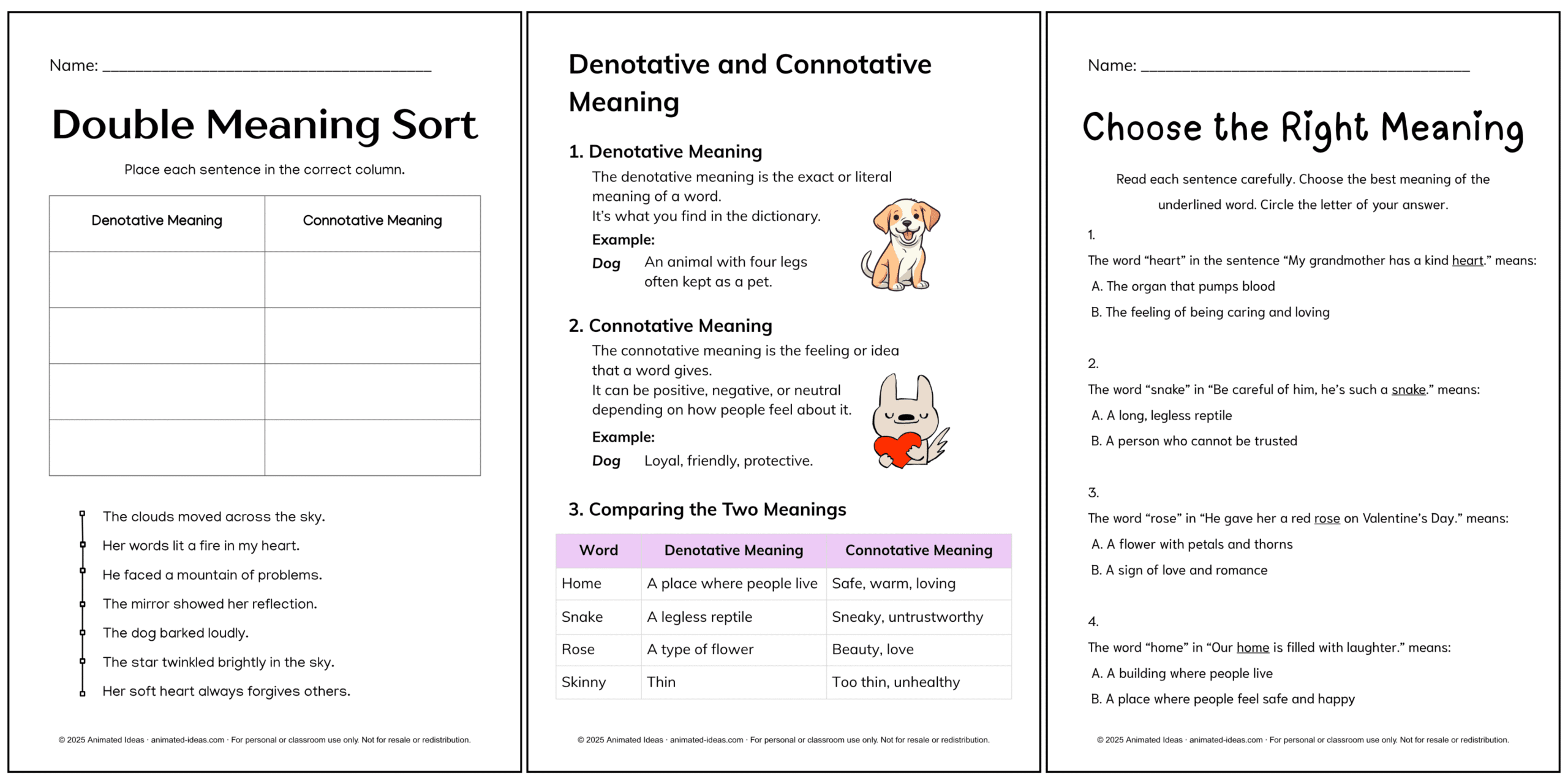 Denotative and Connotative Meaning lesson for Grade 4 — colorful classroom visual showing literal and emotional meanings of words from Animated Ideas.