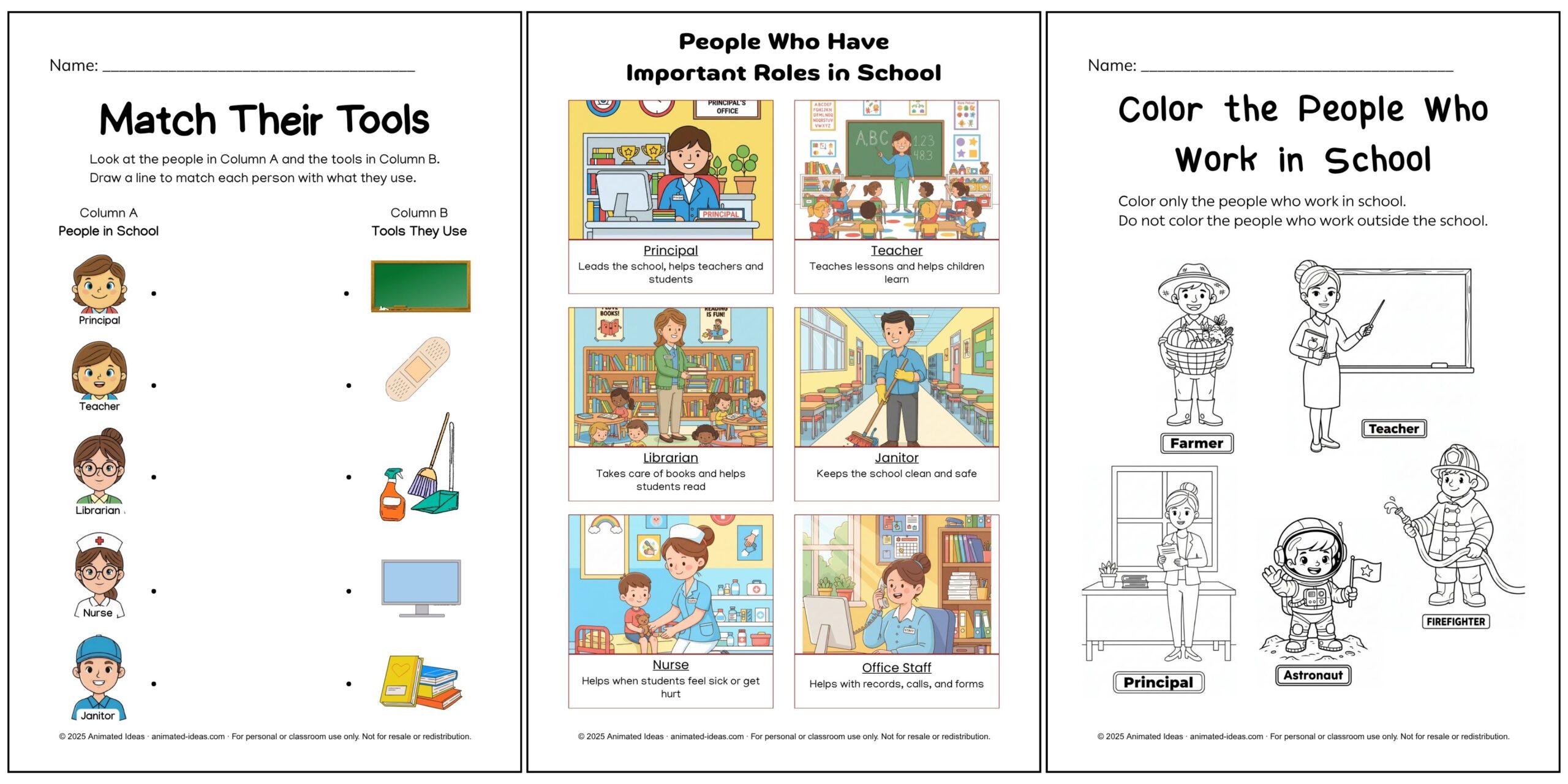Colored illustration of school helpers and their roles — principal, teacher, librarian, nurse, janitor, and guard working together in school.