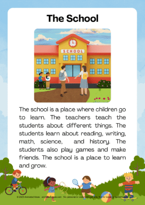 The School – Easy Reading Paragraphs for Kids to build fluency and understanding with a short story about learning and making friends.