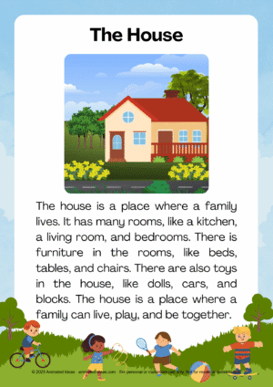 The House – Easy Reading Paragraphs for Kids to practice reading fluency with a simple story about family and home life.