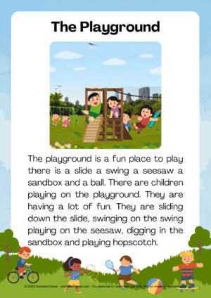 The Playground – Easy Reading Paragraphs for Kids to improve fluency and comprehension through a fun story about playing outdoors.
