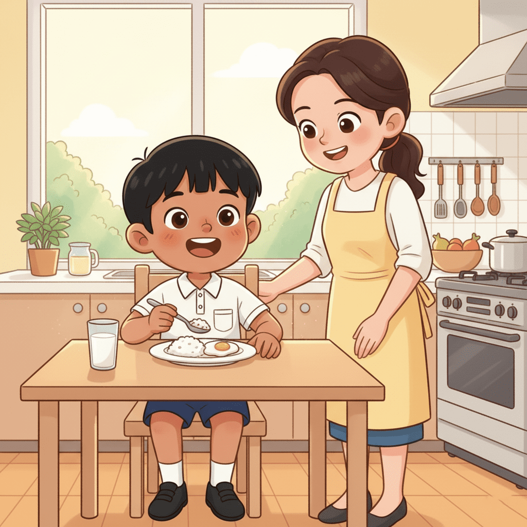 Liam sits at the table eating rice and eggs for breakfast with his mother in the kitchen.