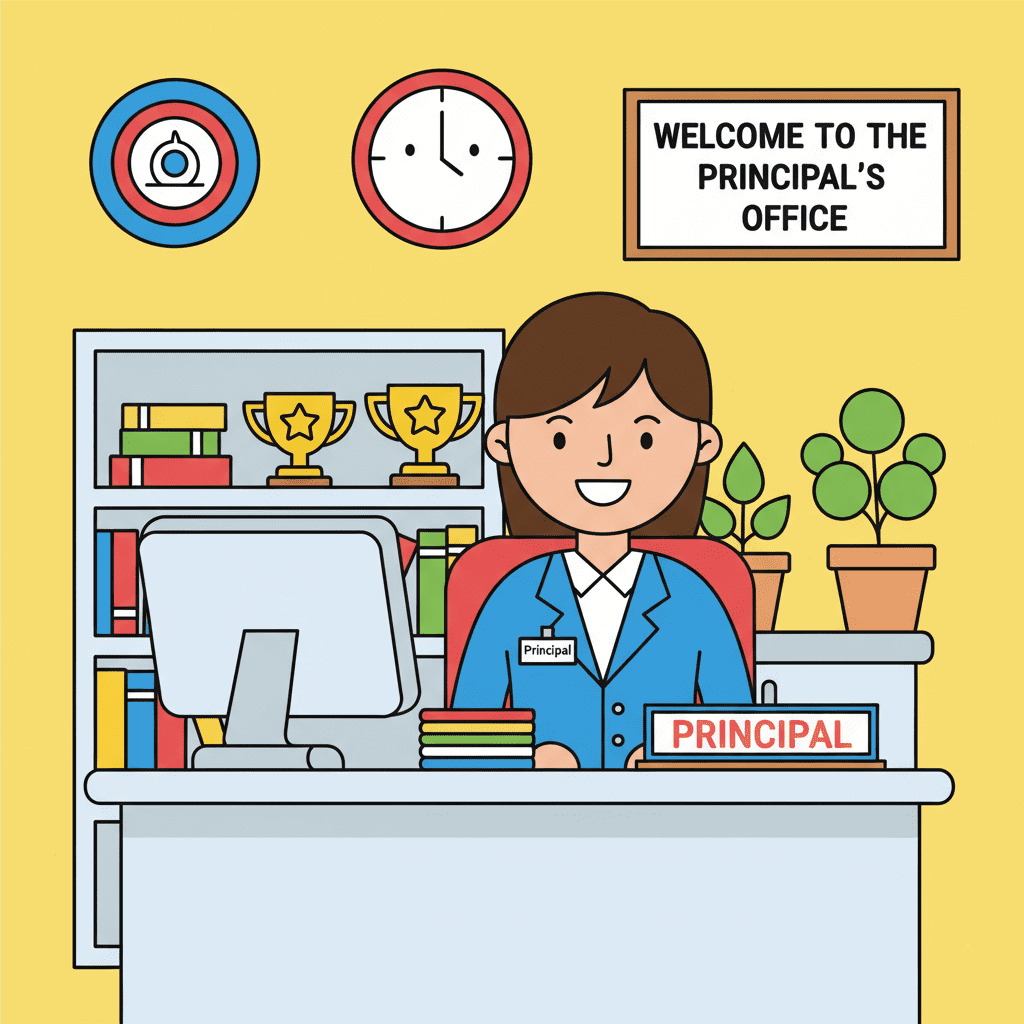 Colored illustration of a principal smiling in front of the school, part of school helpers and their roles in kindergarten learning.