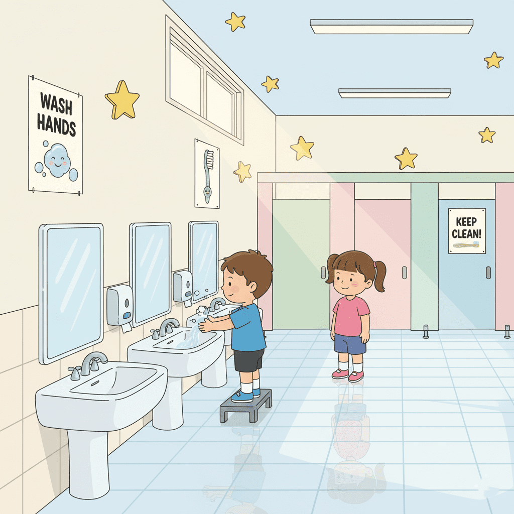 Illustration of a school restroom with students washing their hands and keeping the area clean—educational restroom scene for kids learning about different places in school.