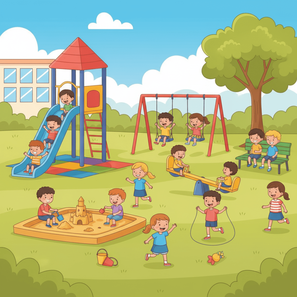 Illustration of a school playground with children playing on swings, slides, and seesaws while enjoying outdoor activities—educational playground scene for kids learning about different places in school.