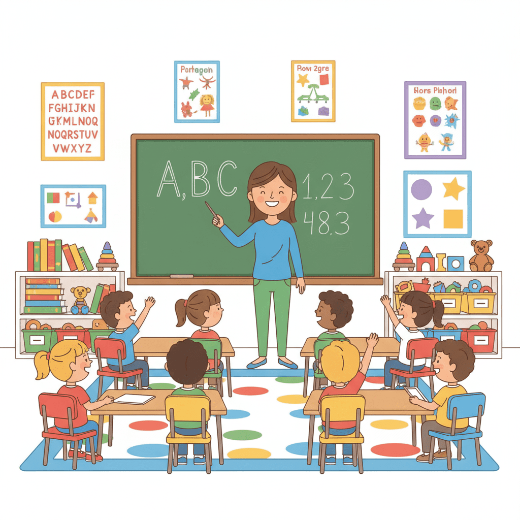 Colored image of a teacher teaching in a classroom, showing school helpers and their roles for young learners.