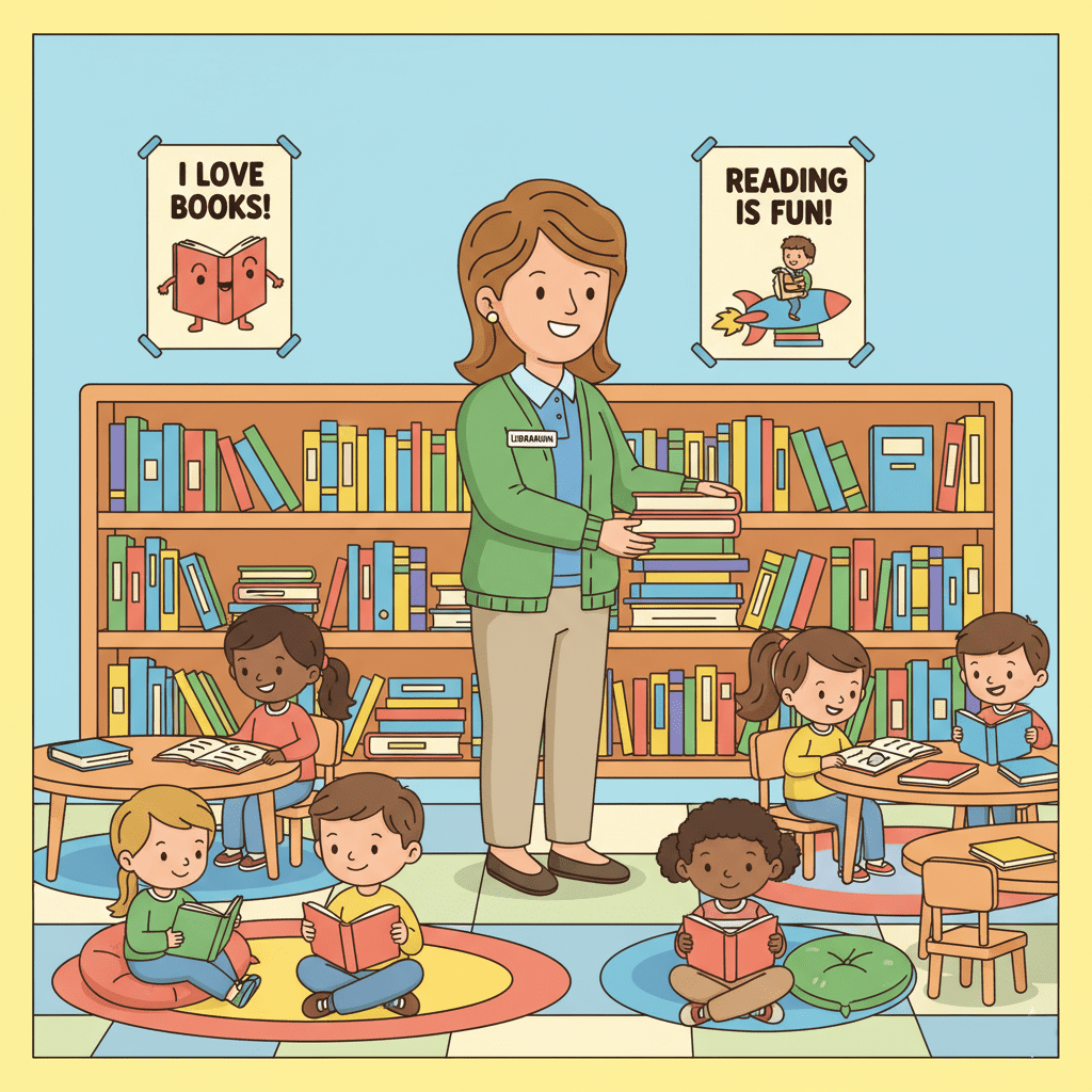Colored illustration of a librarian helping children choose books in the library, from school helpers and their roles.