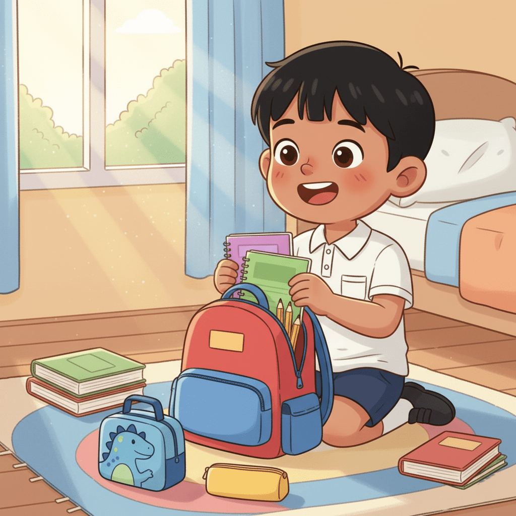 Liam packs his books and notebooks into his school bag after breakfast.