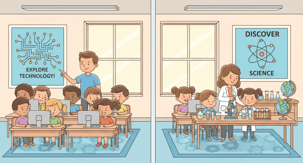 Illustration of a school computer room and science laboratory showing students using computers and conducting experiments with a teacher’s guidance—educational STEM classroom scene for kids learning about different places in school.