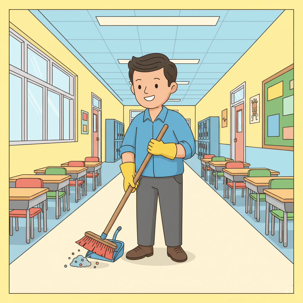 Colored image of a janitor sweeping the school hallway, part of school helpers and their roles in keeping the school clean.