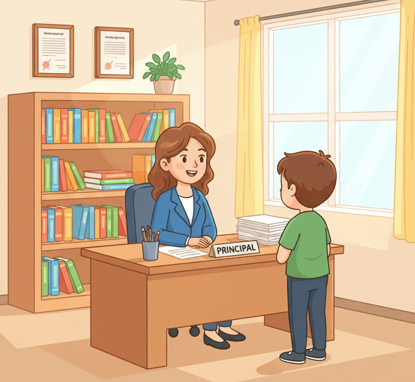 Illustration of a principal’s office showing the school principal talking politely with students, with a desk, chair, and school documents—educational principal’s office scene for kids learning about different places in school.