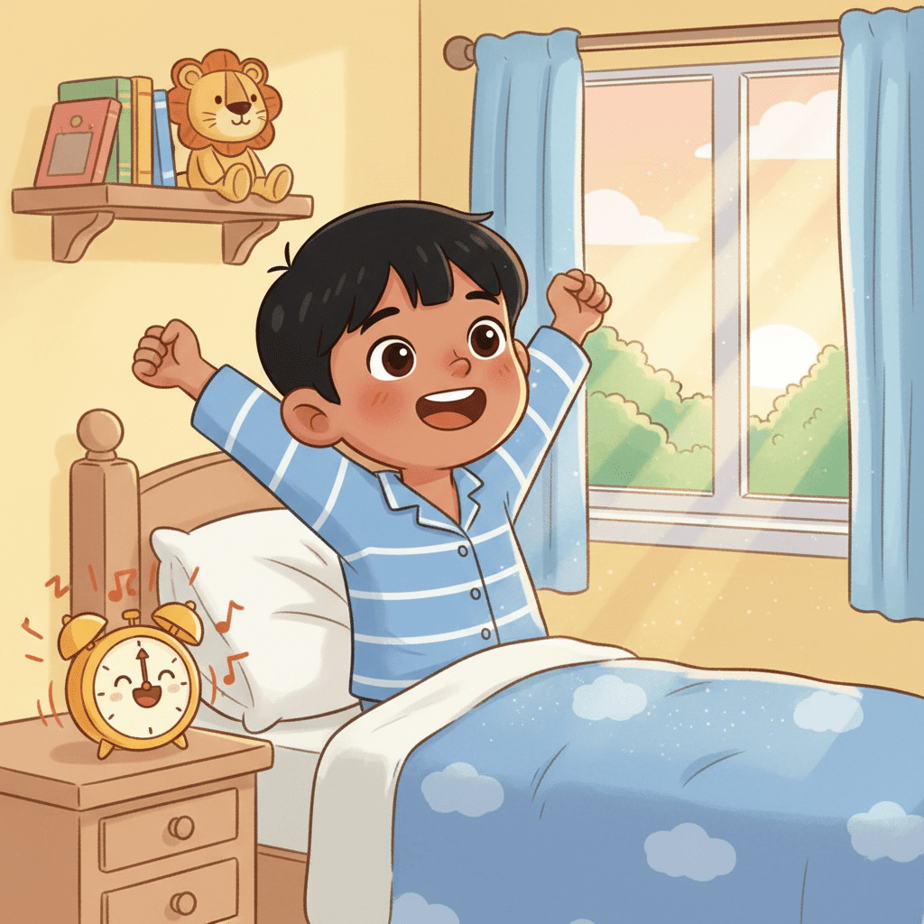 Liam wakes up early in the morning as the sun rises and his alarm clock rings.