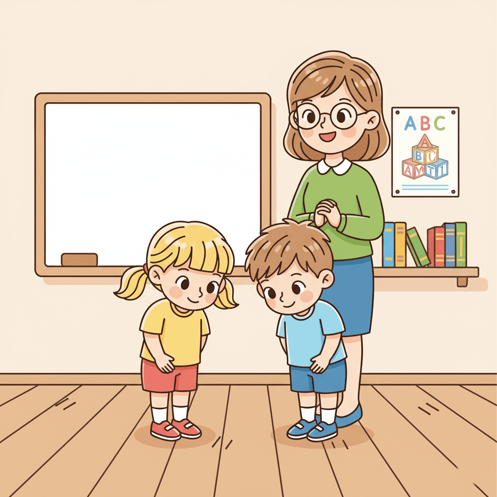 Preschool classroom rules: children showing respect and being kind to classmates.
