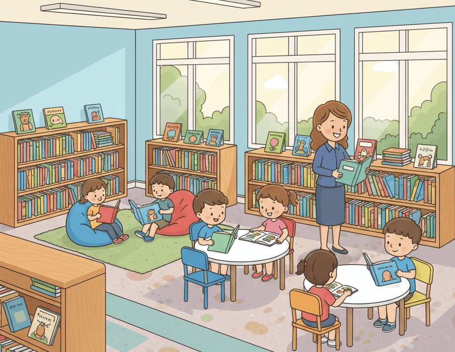 Illustration of a school library with students quietly reading books at tables, a librarian organizing shelves, and rows of colorful books—educational library scene for kids learning about different places in school.