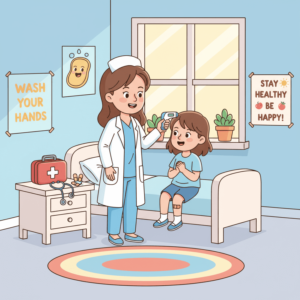 Illustration of a school clinic with a nurse checking a student’s temperature and a bed in the background—educational school clinic scene for kids learning about different places in school.