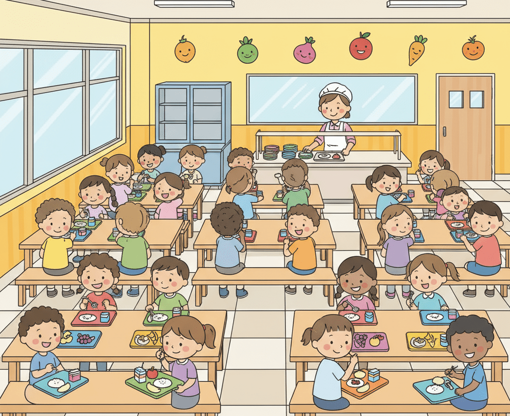 Illustration of a school canteen where students are buying and eating food, with staff serving healthy meals and snacks—educational canteen scene for kids learning about different places in school.