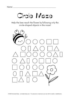 Circle Worksheets for Grade 2 – Circle Maze activity where students follow circle-shaped objects to help the bee reach the flower.