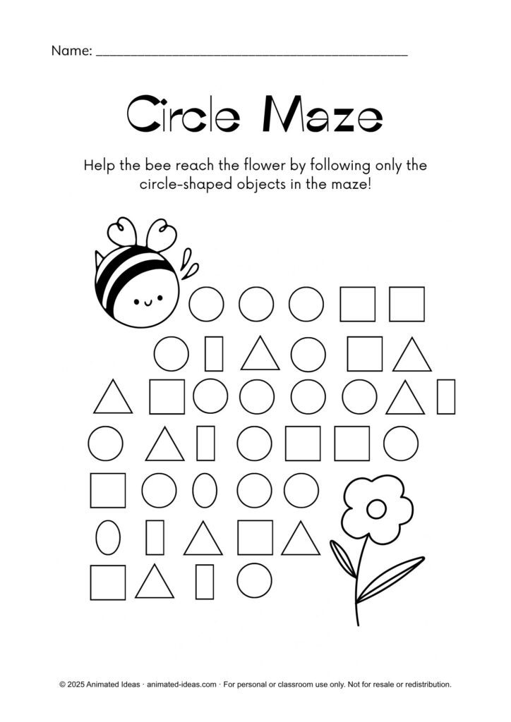 Circle Worksheets for Grade 2 – Circle Maze activity where students follow circle-shaped objects to help the bee reach the flower.