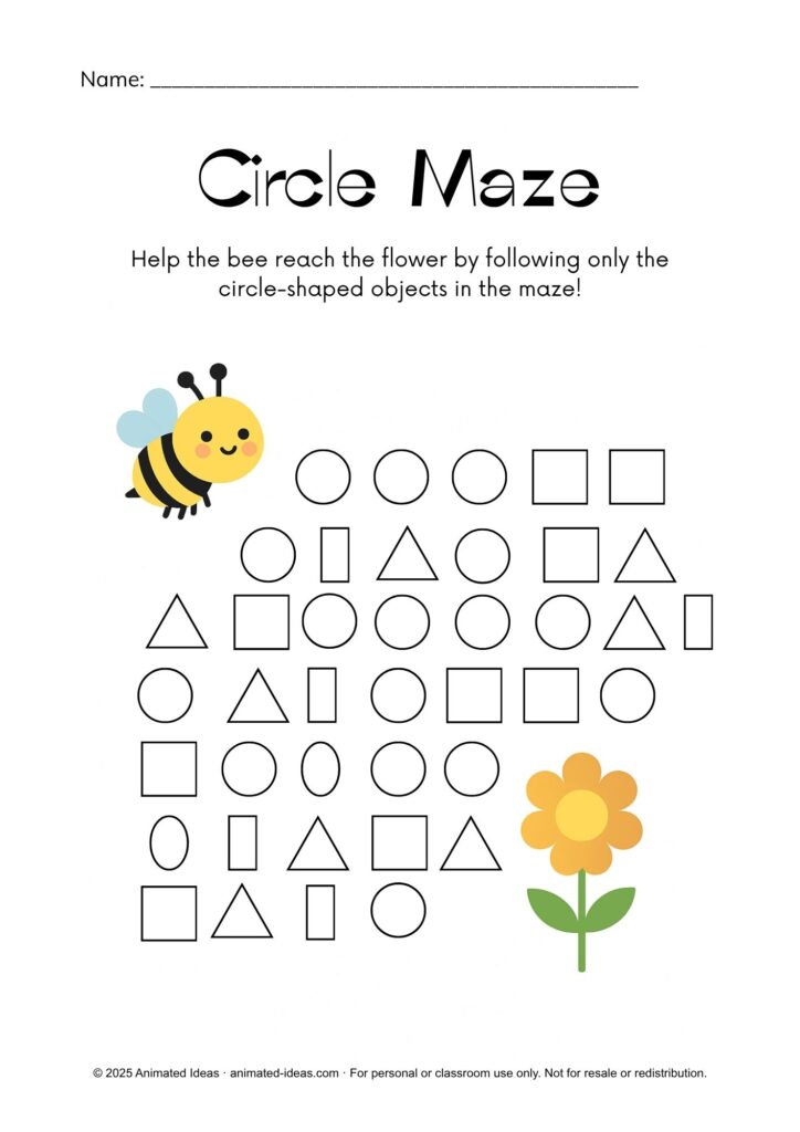 Circle Worksheets for Grade 2 – Circle Maze activity where students follow circle-shaped objects to help the bee reach the flower.