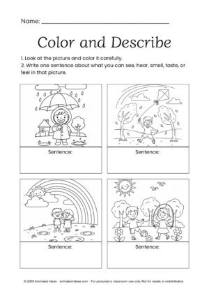 Five senses science worksheets Grade 3 coloring and describing activity about natural events