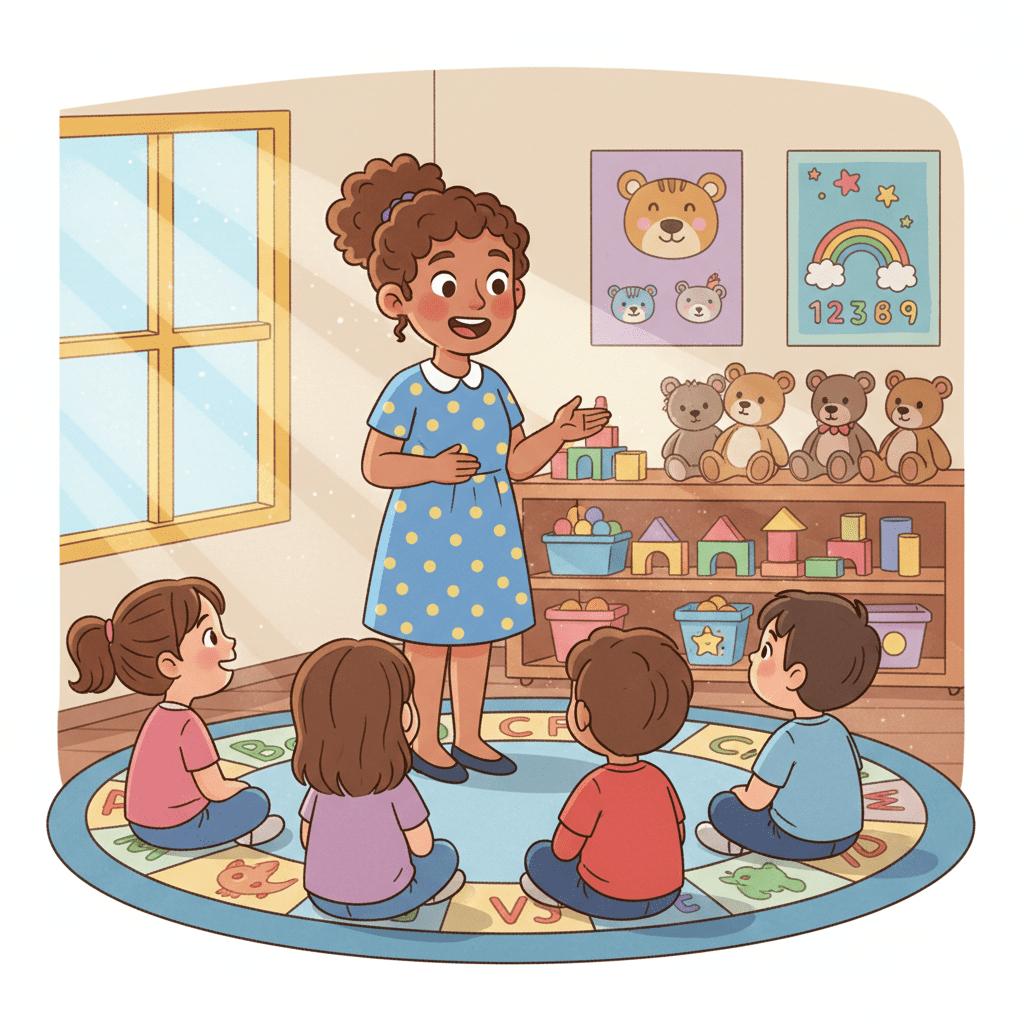 Preschool classroom rules: children listening carefully to their teacher during class.