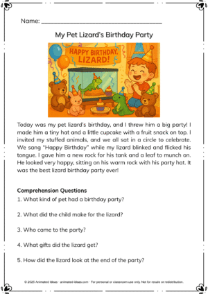 My Pet Lizard’s Birthday Party Worksheet – Imaginative Reading Worksheets: My Pet Lizard’s Birthday Party