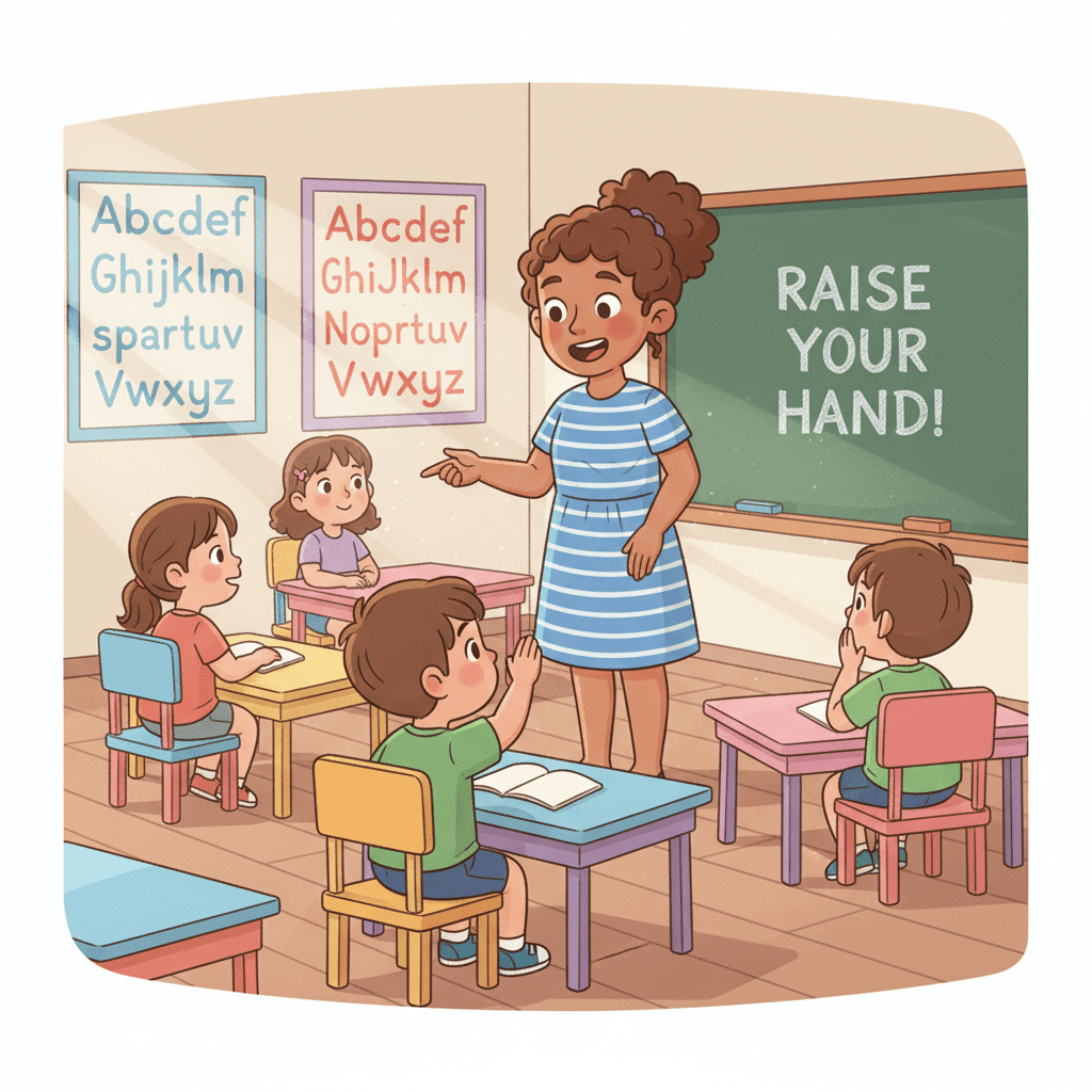 Preschool classroom rules: student raising hand politely before speaking.