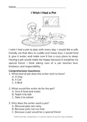 Reading Comprehension Worksheets – I Wish I Had a Pet and Helping at Home activities for kids K–2