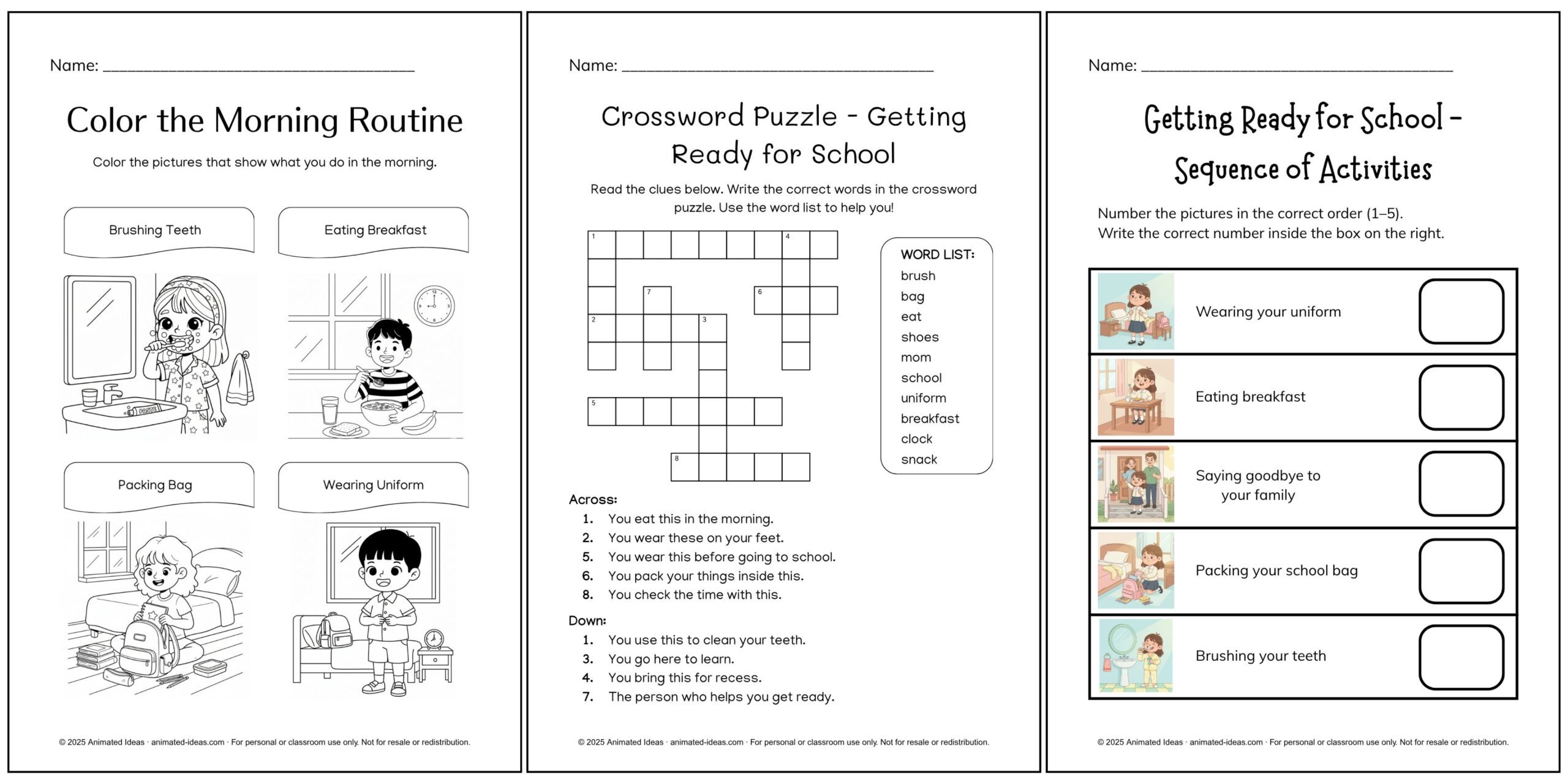 Colorful printable worksheets about Getting Ready for School for Grade 1 learners.