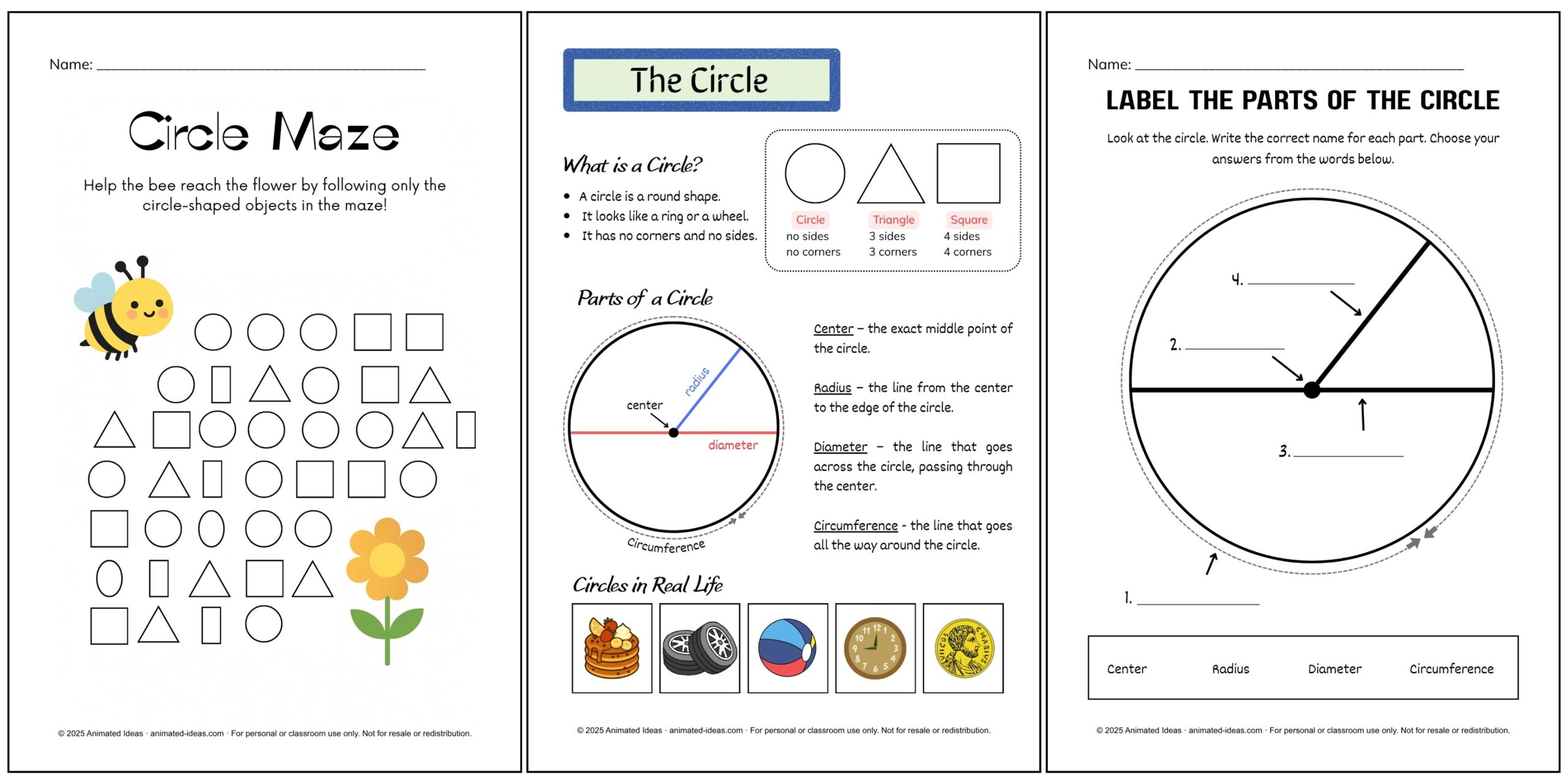 The Circle and Its Parts – labeled diagram showing center, radius, diameter, and circumference for Grade 2 math