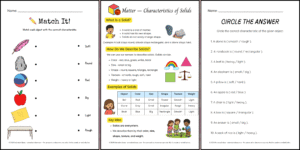 Grade 3 Science worksheets showing matching, sorting, and drawing activities.