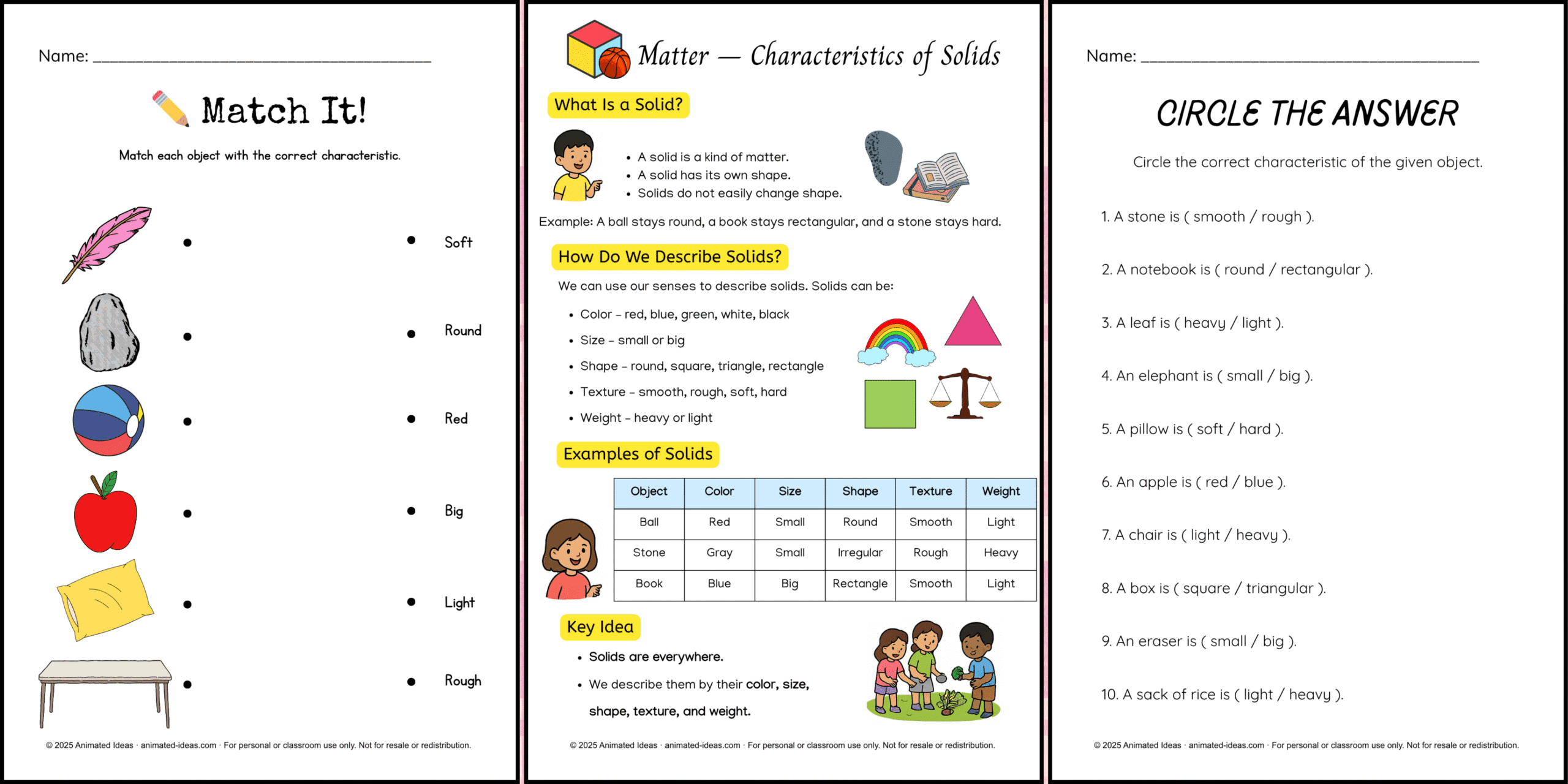 Educational chart showing color, size, shape, texture, and weight of solid objects for Grade 3 Science lesson on matter and characteristics of solids.