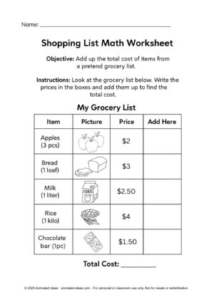 Shopping List Math Worksheet – Grade 1 - Image 2