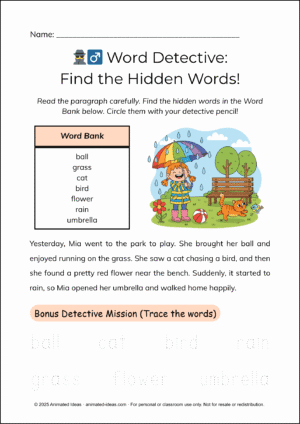 Printable Word Detective Worksheet for Early Literacy