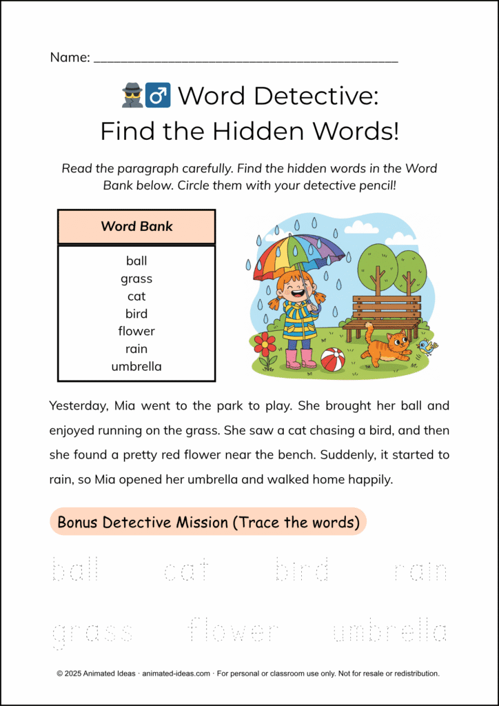 Printable Word Detective Worksheet for Early Literacy