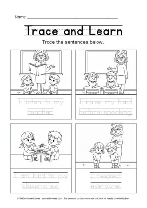Preschool Classroom Rules Worksheets – children tracing sentences about listening, speaking politely, kindness, and respect.